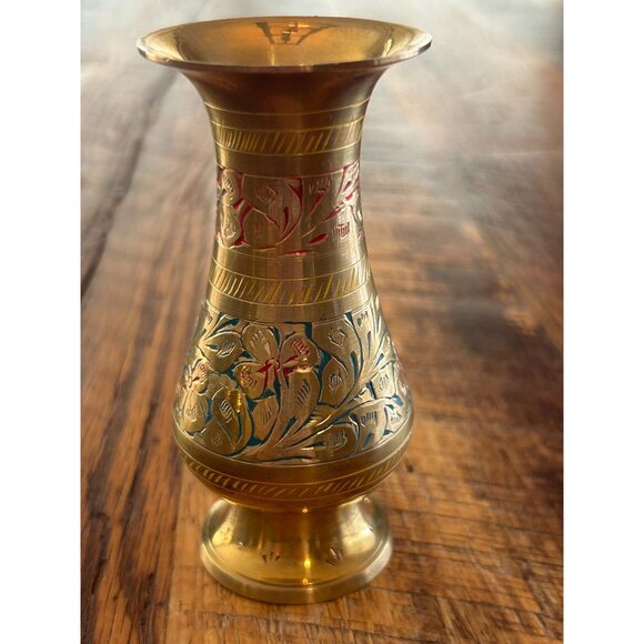 Vintage Hand Painted Etched India Brass Vase 4.5" Tall Floral Design - Picture 1 of 8